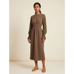 NEW Boho Chic Brown Ribbed Empire Waist Dress - Crochet Mesh Long Sleeve Midi L